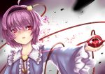  1girl ahoge blouse frilled_sleeves frills gradient gradient_background hairband heart komeiji_satori long_sleeves looking_at_viewer nanakusa_ayame outstretched_arm parted_lips pink_hair red_eyes short_hair solo third_eye touhou 