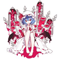  1girl ascot barefoot bat_wings blood blood_in_hair blue_hair dress feet finger_to_mouth frilled_dress frills hair_between_eyes hat hat_ribbon ideolo index_finger_raised looking_at_viewer mob_cap pointy_ears polearm red_ascot red_eyes red_nails red_ribbon remilia_scarlet ribbon short_hair simple_background sitting smile solo spear stained_glass touhou weapon white_background white_dress wings 