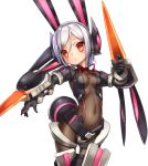  1girl black_gloves breasts cleavage covered_navel emil_chronicle_online gloves headgear mecha_musume nakasaki_hydra navel red_eyes short_hair silver_hair solo 