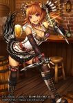  1girl :d alcohol animal_ears barrel beer belt black_gloves boots breasts brown_hair cleavage collar cross-laced_footwear cup dagger dual_wielding elbow_gloves fingerless_gloves gloves hair_ornament hoodie jewelry long_hair mug necklace official_art open_mouth red_eyes reverse_grip skirt smile solo stool tail weapon yato z/x 