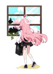  1girl ahoge black_gloves black_skirt blue_archive blue_necktie blue_shoes blue_sky book broken_glass clouds fingerless_gloves flower full_body glass gloves hair_between_eyes halo highres holding holding_book holding_paper hoshino_(blue_archive) ideolo long_hair long_sleeves necktie open_mouth paper pink_hair pink_halo plaid_clothes plaid_skirt plant puffy_long_sleeves puffy_sleeves reflection school_uniform shirt shoes skirt sky socks very_long_hair white_background white_shirt white_socks window 