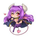  alma_elma bare_shoulders breasts bridal_gauntlets cape chibi demon_girl demon_tail demon_wings heart heart_eyes horns long_hair mon-musu_quest! one_eye_closed pointy_ears purple_hair red_eyes simple_background solo_focus succubus tail tattoo thigh-highs tongue tongue_out torn_clothes tscbr very_long_hair white_background wings 