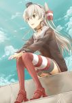  1girl :d absurdres amatsukaze_(kantai_collection) blue_sky brown_dress brown_eyes choker dress garter_straps hair_tubes hands_on_knees headgear high_heels highres kantai_collection knees_together_feet_apart long_hair long_sleeves max_melon_teitoku neckerchief open_mouth red_legwear sailor_collar sailor_dress silver_hair sitting sky smile solo striped striped_legwear two_side_up 