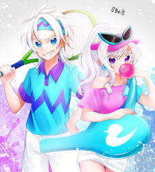  1girl blue_eyes chewing_gum daisy_duck disney donald_duck highres honipokooon humanization looking_at_viewer mickey_mouse_&amp;_friends open_mouth personification ponytail racket shirt short_hair smile sportswear sunglasses tennis tennis_racket tennis_uniform white_hair 