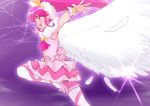  1girl :d aino_megumi angel_wings armpits ballerina cure_lovely earrings frills happinesscharge_precure! high_heels highres jewelry leg_garter long_hair magical_girl ogry_ching open_mouth outstretched_arms pantyhose pink_eyes pink_hair pink_skirt ponytail precure purple_background silk skirt smile solo spider_web spread_arms standing_on_one_leg super_happiness_lovely tiara white_legwear white_wings wings wrist_cuffs 