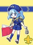  1girl alternate_costume aratami_isse backpack bag belt blue_eyes blue_hair hair_bobbles hair_ornament hat kawashiro_nitori open_mouth rope scout short_hair shorts smile solo touhou twintails uniform 