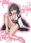  1girl :d barefoot bird_wings blush breasts cleavage collarbone commentary_request hat kourindou_tengu_costume legs no_bra no_panties obi odochin open_mouth outline sash shameimaru_aya smile solo tokin_hat touhou violet_eyes wings 