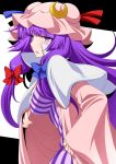  1girl breasts capelet coat crescent dress eichi_yuu hair_ribbon large_breasts long_hair long_sleeves mob_cap open_clothes open_coat patchouli_knowledge purple_dress purple_hair ribbon solo striped striped_dress touhou tress_ribbon very_long_hair violet_eyes wide_sleeves 