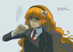  1girl black_jacket black_vest blazer bow collared_shirt disgust fee_llament freckles gloom_(expression) hair_bow hairband hand_up highres ishmael_(project_moon) jacket korean_text lapels limbus_company long_hair long_sleeves necktie nervous_sweating orange_hair project_moon red_necktie shaded_face shirt simple_background solo sweat translation_request upper_body very_long_hair vest white_shirt 