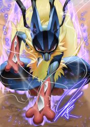 1other absurdres animal_hands aura blue_fur creature dynamic_pose energy fighting_stance fluff furry glowing hand_on_own_hip highres light_particles looking_at_viewer lucario mega_evolution mega_lucario mega_pokemon mitsukuma448 pokemon pokemon_(creature) purple_aura signature solo squatting watermark