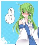  1girl blush commentary_request detached_sleeves frog_hair_ornament green_eyes green_hair hair_ornament hammer_(sunset_beach) kochiya_sanae long_hair open_mouth snake_hair_ornament solo touhou translation_request 