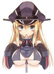  1girl bare_shoulders bikini_top bismarck_(kantai_collection) blonde_hair blue_eyes blush bust detached_sleeves front-tie_top gloves grey_bikini hat highres kantai_collection long_hair looking_at_viewer military_hat mouth_hold oota_yuuichi peaked_cap shirt_lift simple_background solo string_bikini white_background 