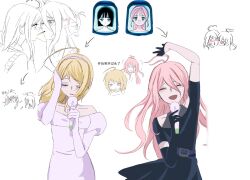  2girls akamatsu_kaede alien_stage arm_up arrow_(symbol) asymmetrical_gloves black_dress black_gloves blonde_hair blush chinese_commentary chinese_text claw_hair_clip closed_eyes clothing_cutout commentary danganronpa_(series) dress elbow_gloves food food_in_mouth gloves hairband half_gloves heart highres iruma_miu kiss kissing_cheek long_hair multiple_girls neikou off-shoulder_dress off_shoulder open_mouth pink_hair pocky pocky_in_mouth pocky_kiss short_sleeves shoulder_cutout single_elbow_glove single_half_glove smile tears tucking_hair uneven_gloves very_long_hair white_dress white_hairband yuri 