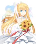  1girl blonde_hair blue_eyes bouquet chobi_(penguin_paradise) dress flower highres little_busters!! long_hair smile sunflower tokido_saya twintails 
