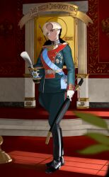  1girl army black_boots blonde_hair boots brown_eyes closed_mouth full_body gloves green_jacket hat highres holding holding_sword holding_unworn_clothes holding_unworn_hat holding_weapon imperial_russian_army jacket katyusha_(98269886) long_sleeves looking_at_viewer medal military military_hat military_jacket military_uniform original polearm russia russian_empire russian_text saber_(weapon) semyonovsky_life_guards_regiment shako_cap shashka short_hair solo spear sword two-headed_eagle unworn_hat unworn_headwear weapon white_gloves world_war_i 