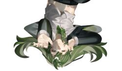  absurdres blurry blurry_foreground clothes_lift commentary green_hair green_nails green_necktie hand_on_own_cheek hand_on_own_face highres lobotomy_corporation long_hair navel necktie netzach_(project_moon) parted_lips project_moon reaching reaching_towards_viewer shirt_lift simple_background stomach symbol-only_commentary toeiki_c upside-down white_background 