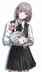  2girls absurdres black_dress blue_eyes chainsaw_man collared_shirt disembodied_head dress earrings fami_(chainsaw_man) fourth_east_high_school_uniform grey_hair highres holding holding_tray jewelry long_sleeves looking_at_viewer messy_hair mole mole_under_eye mole_under_mouth multiple_girls multiple_moles pepper_(spice) pinafore_dress purple_hair ringed_eyes school_uniform shirt simple_background sleeveless sleeveless_dress suoniko tray violet_eyes white_background white_haired_girl_(chainsaw_man) 
