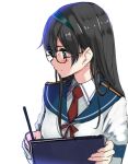  1girl akasaai black_hair blush clipboard glasses green_eyes hairband kantai_collection long_hair long_sleeves necktie ooyodo_(kantai_collection) pen school_uniform serafuku side_slit simple_background smile solo white_background 