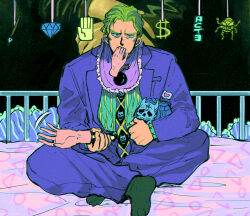  1boy bib blonde_hair commentary diamond_wa_kudakenai disembodied_hand formal_clothes hand_in_mouth harvest_(stand) jojo_no_kimyou_na_bouken kira_yoshikage necktie oniyama831 sheer_heart_attack short_hair stand_(jojo) suit 