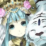  1girl animal bare_shoulders blue_eyes blue_hair bust face facial_mark flower forehead_mark hat jewelry long_hair looking_at_viewer lotus mosamune parvati_(p&amp;d) puzzle_&amp;_dragons smile solo tiger white_tiger 