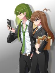  1boy 1girl armband black_jacket black_pants black_suit blue_eyes brown_armband brown_eyes brown_hair brown_necktie cellphone collared_shirt dress_shirt from_side green_hair green_nails green_necktie grey_background hand_in_pocket highres hod_(project_moon) holding holding_phone jacket lobotomy_corporation long_hair loose_necktie necktie netzach_(project_moon) notes ori_oriio pants phone profile project_moon shirt smartphone suit suit_jacket white_shirt 