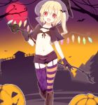  1girl alternate_costume argyle argyle_legwear bat bikini_top black_gloves blonde_hair blush boots cape fang flandre_scarlet front-tie_top full_moon garter_straps gloves halloween hat honotai jack-o&#039;-lantern laevatein looking_at_viewer mismatched_legwear moon navel open_mouth purple_legwear red_eyes red_moon short_shorts shorts side_ponytail small_breasts smile solo striped striped_legwear thigh-highs touhou wings witch_hat 