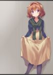  1girl blazer brown_hair mikawaya original pantyhose scarf short_hair skirt skirt_lift violet_eyes 