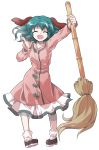  1girl alphes_(style) animal_ears bamboo_broom broom closed_eyes dairi green_hair kasodani_kyouko open_mouth parody short_hair simple_background smile solo style_parody touhou 