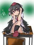  1girl bird_wings black_legwear blush collared_shirt come_hither hands_on_own_head hat legs looking_at_viewer miniskirt odochin pom_pom_(clothes) puffy_short_sleeves puffy_sleeves shameimaru_aya short_sleeves skirt smile socks solo tokin_hat touhou violet_eyes wings 