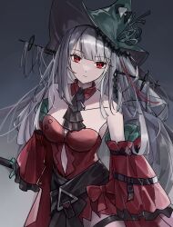  1girl absurdres angelfish aqua_gloves aqua_hat arknights ascot bare_shoulders black_ascot blunt_bangs breasts closed_mouth clothing_cutout cowboy_shot detached_sleeves dress fish gloves grey_background grey_hair hat highres holding holding_staff leg_ribbon lemoz long_hair long_sleeves looking_at_viewer navel_cutout official_alternate_costume pointy_hat red_dress red_eyes red_sleeves ribbon simple_background skadi_(arknights) skadi_the_corrupting_heart_(arknights) solo staff standing tropical_fish very_long_hair 