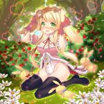  1girl animal_ears black_legwear blonde_hair blush boots bowtie breasts character_request copyright_request detached_collar flower full_body gloves green_eyes heart kyoma_(yellowxcake) long_hair neck_ribbon nose_blush open_mouth outdoors pink_gloves rabbit rabbit_ears ribbon sitting solo sparkle thigh-highs thigh_boots tree 