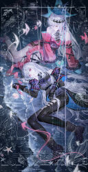  2girls absurdres angelfish aqua_gloves aqua_hat arknights ascot bare_shoulders black_ascot black_gloves boots breasts closed_eyes closed_mouth clothing_cutout crf detached_sleeves dress dual_persona english_text fish full_body gloves hair_between_eyes hair_ornament hair_ribbon hat highres holding holding_another&#039;s_hair jellyfish leg_ribbon lips long_hair long_sleeves looking_at_viewer lying medium_breasts moonlight multiple_girls musical_note navel_cutout night no_headwear official_alternate_costume on_back on_floor parted_lips pointy_hat red_dress red_eyes red_sleeves ribbon seashell shell shirt skadi_(arknights) skadi_the_corrupting_heart_(arknights) starfish thigh_cutout tropical_fish very_long_hair wading water waves white_hair 