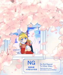  1girl alia_(mega_man) blonde_hair blue_eyes breasts cherry_blossoms large_breasts long_hair mega_man_(series) mega_man_x_(series) petals rikka_(user_hruv2435) solo twitter_username watermark window 