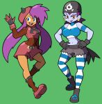  2girls alternate_hairstyle ankle_boots armband bandana black_gloves blue_eyes blue_skin boots breasts cosplay crop_top crossover cutoffs dark_skin earrings fringe gloves hands_on_hips hat hoop_earrings jewelry large_breasts long_hair midriff multiple_girls navel pantyhose pirate pokemon pokemon_(game) pokemon_oras purple_hair red_eyes ribbed_sweater risky_boots shantae shantae_(character) shenanimation short_hair shorts socks striped striped_legwear sweater team_aqua_(cosplay) team_magma_(cosplay) tsurime twintails 