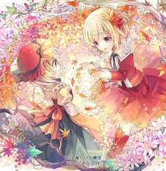  2girls :d aki_minoriko aki_shizuha blonde_hair fruit_punch hair_ornament leaf leaf_hair_ornament mob_cap multiple_girls open_mouth short_hair smile touhou yellow_eyes 