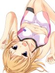  1girl bare_shoulders bike_shorts blue_eyes breasts brown_hair collarbone gundam gundam_build_fighters gundam_build_fighters_try hoshino_fumina lying navel open_mouth ponytail rikudou_inuhiko solo sports_bra thigh_gap upside-down white_background 