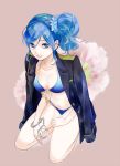  bikini blue_eyes blue_hair character_request cuffs flower handcuffs jacket_on_shoulders kneeling sarutonari side_ponytail swimsuit wavy_hair 