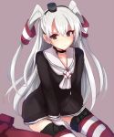  1girl amatsukaze_(kantai_collection) brown_eyes choker gloves hair_tubes kamanatsu kantai_collection long_hair sailor_dress sitting sketch solo striped striped_legwear thigh-highs two_side_up wariza white_gloves white_hair 