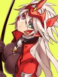  1girl alpha-01 blazblue bodysuit breasts genderswap heterochromia long_hair ragna_the_bloodedge silver_hair tomo_(tomorag7) 