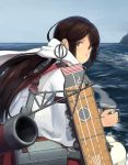  1girl akagi_(kantai_collection) brown_eyes brown_hair cup flight_deck holding_cup kantai_collection looking_at_viewer looking_back ocean quiver scarf shibafu_(glock23) sitting smile solo steam water 