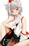  1girl alcohol animal_ears asymmetrical_clothes blush bottle breasts detached_sleeves drunk fang hat highres inubashiri_momiji looking_at_viewer open_mouth pom_pom_(clothes) red_eyes sake sake_bottle short_hair silver_hair simple_background sitting solo tokin_hat touhou white_background wolf_ears yamabuki_(laysis_yama) 