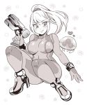  1girl ankle_boots blush bodysuit boots doboshiru greyscale gun handgun high_heel_boots high_heels metroid metroid_(creature) monochrome pistol ponytail samus_aran scrunchie smile solo squatting super_smash_bros. weapon zero_suit 