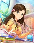  1girl bare_shoulders book bookshelf bow breasts brown_hair bust earrings etou_misaki_(idolmaster) fingernails hair_bow heart holding idolmaster idolmaster_cinderella_girls jewelry lace library light_smile long_fingernails long_hair looking_at_viewer necklace pen plant sitting solo studying 