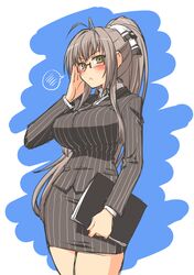  1girl :&lt; adjusting_glasses amagi_brilliant_park antenna_hair bespectacled blush breasts brown_eyes brown_hair business_suit folder formal glasses large_breasts long_hair long_sleeves pinstripe_suit ponytail sento_isuzu skirt skirt_suit solo spoken_blush suit tamori_tadaji 