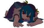  1girl blue_hair food fruit hat hinanawi_tenshi long_hair lying on_stomach peach red_eyes solo thupoppo touhou very_long_hair white_background 