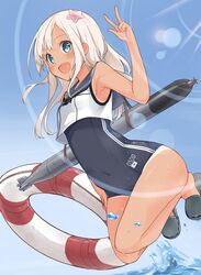  1girl :d absurdres armpits bare_legs bare_shoulders blonde_hair blue_eyes blue_sky blush covered_navel crop_top flower hair_flower hair_ornament highres kantai_collection lens_flare lifebuoy long_hair looking_at_viewer max_melon_teitoku neckerchief open_mouth ro-500_(kantai_collection) sailor_collar school_swimsuit sky slippers smile solo swimsuit swimsuit_under_clothes tan tanline torpedo w water 