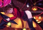  1girl ass black_hair blue_eyes fate/stay_night fate_(series) hair_ribbon halloween hat hat_removed headwear_removed highres jack-o&#039;-lantern kouzuki_hajime long_hair looking_at_viewer lying on_stomach pumpkin ribbon solo thigh-highs tohsaka_rin toosaka_rin two_side_up witch_hat 
