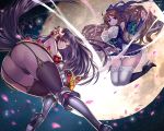  2girls ass bent_over black_hair breasts brown_hair fantchi highres large_breasts long_hair looking_at_viewer looking_back midair moon multiple_girls official_art petals red_eyes thighs very_long_hair violet_eyes witch 