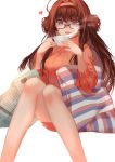  1girl ahoge alternate_costume bespectacled blue_eyes blush cup double_bun glasses hairband heart highres joseph_lee kantai_collection kongou_(kantai_collection) long_hair looking_at_viewer newspaper open_mouth pillow ribbed_sweater solo sweater teacup white_background 