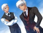  2boys archer brown_eyes dark_skin dual_persona dutch_angle fate/stay_night fate_(series) formal grey_eyes hair_down multiple_boys one_eye_closed piroshiki_(cotton-candy-1227-tommy) suit vest waistcoat waiter white_hair 